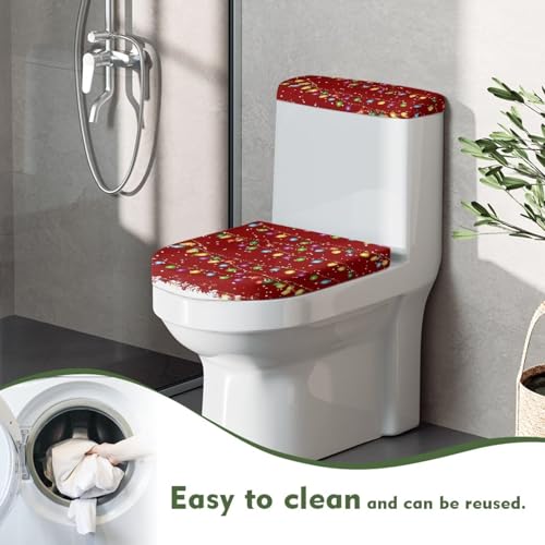 Christmas Bow Bell Toilet Tank Lid Cover and Toilet Seat Lid Cover 2 Pcs Set Toilets Covers with Elastic Cloth Fits Most Toilets Tanks & Lids
