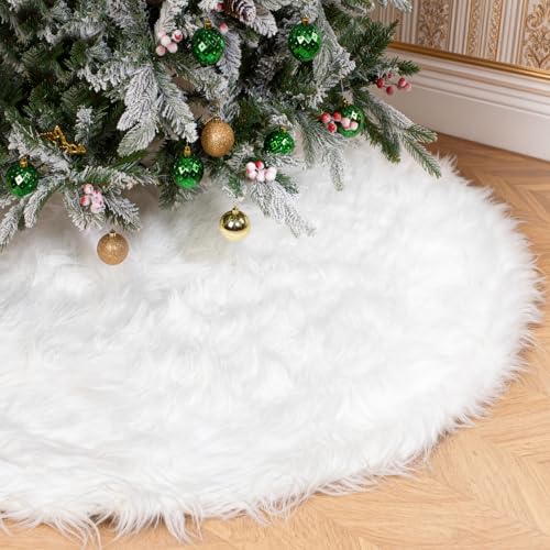 48 Inch Christmas Tree Skirt - Vonhen Extra Larger Thick Faux Fur Tree Skirt White Plush Skirt for Merry Chtistmas Party Christmas Tree Decoration