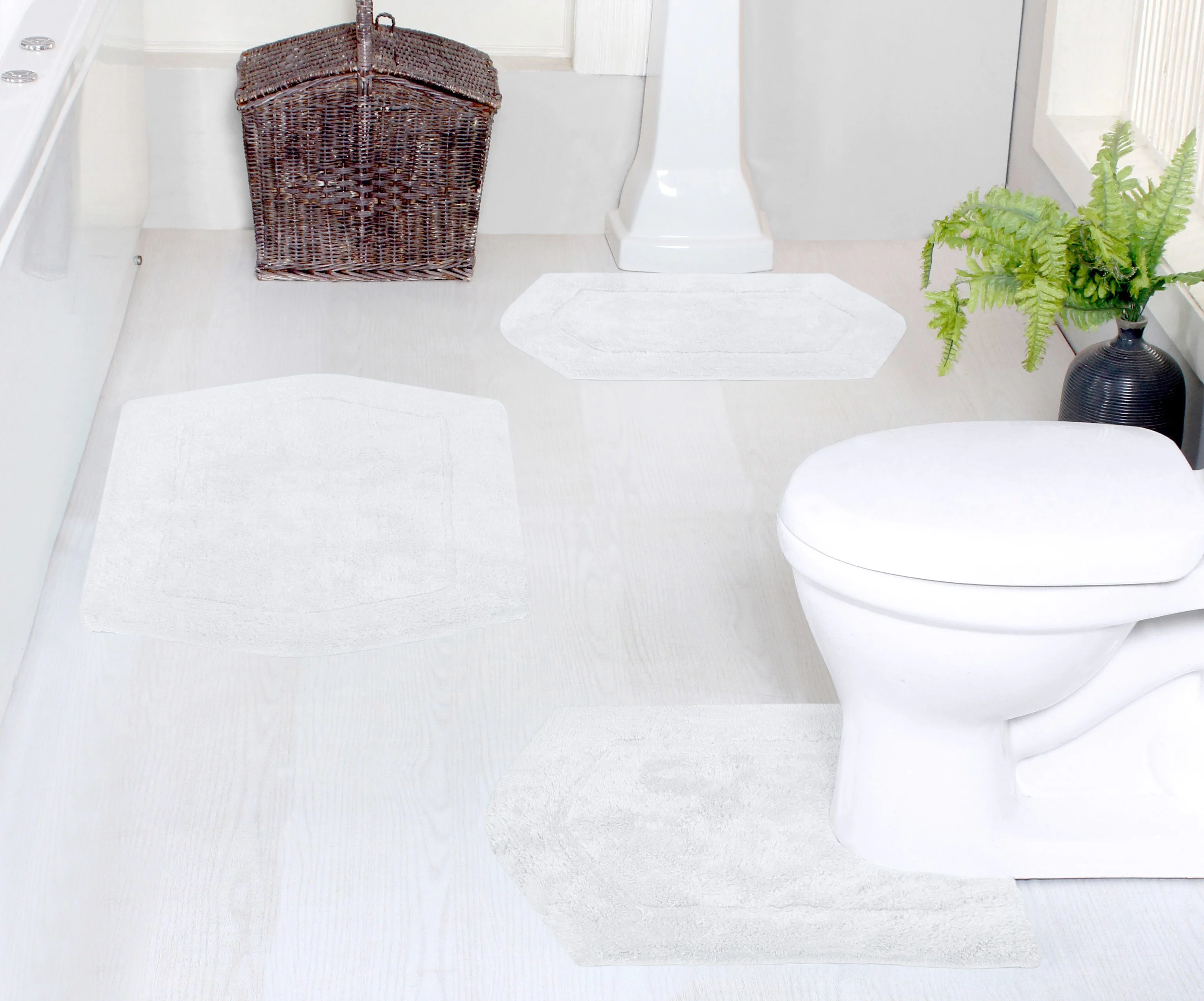 Home Weavers Waterford Collection Cotton Bath Rug, Soft and Absorbent Bath Rugs, Non-Slip Plush Bath Carpet, Machine Wash, bath rug for Bathroom, 3 Piece Set with Contour, White Shower Rug Rug