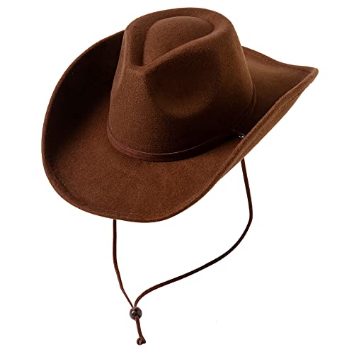 Lanzom Women Men Retro Felt Wide Brim Western Cowboy Cowgirl Hat Dress Up Hat with Wind Lanyard
