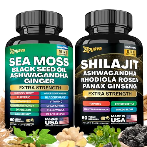 Zoyava Dynamic Vitality Bundle, Sea Moss and Shilajit Bundle, Sea Moss 7000mg, Black Seed Oil 4000mg, Ashwagandha 2000mg, Ginger & Shilajit 9000mg, Rhodiola Rosea 1000mg, Panax Ginseng (2 Pack)