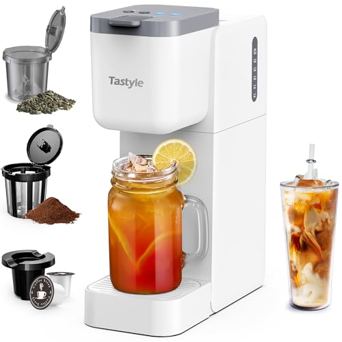 Coffee and Tea Maker, 3 in 1 Single Serve Brewer for K Cup, Grounds & Tea, Hot and Iced Coffee Maker with 4 Brew Styles and 16oz Water Reservoir, Fits 7.3'' Travel Mugs, White