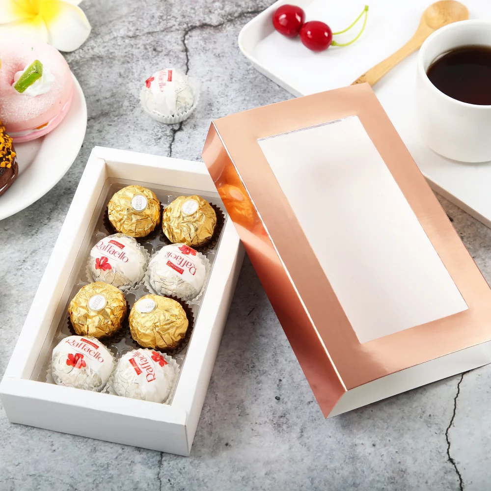 PKGSMART 20 Pack Truffle Boxes Rose Gold, Chocolate Boxes Packaging with 8-Piece Plastics Tray（Tray Size with 5.75x2.75 inches)