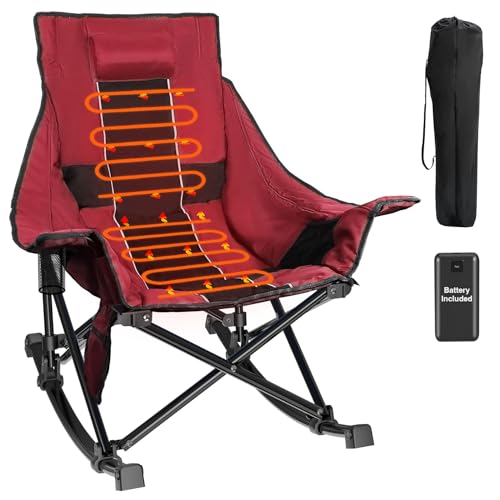 Slendor Heated Rocking Chair, Oversized Heated Camping Chair w/ 3 Levels Heat for Back+Seat, Heated Rocking Camping Chair with 20000 mAh Power Bank, Pillow, Side Pocket, Padded, Carry Bag, Tawny