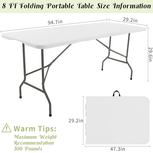 2 Pack 6 FT Folding Tables White Foldable Table, Fold-in-Half with Carrying Handle Portable Plastic Rectangular Table for Party, Dining, Wedding, Camping, Picnic, Indoor Outdoor Events