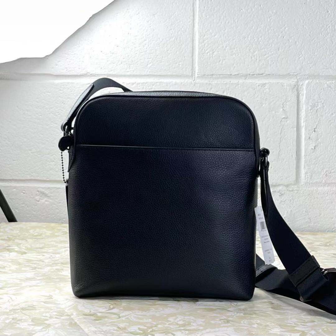 Coach Mens (4011) Houston Black Refined Pebbled Leather Medium Flight Crossbody Bag