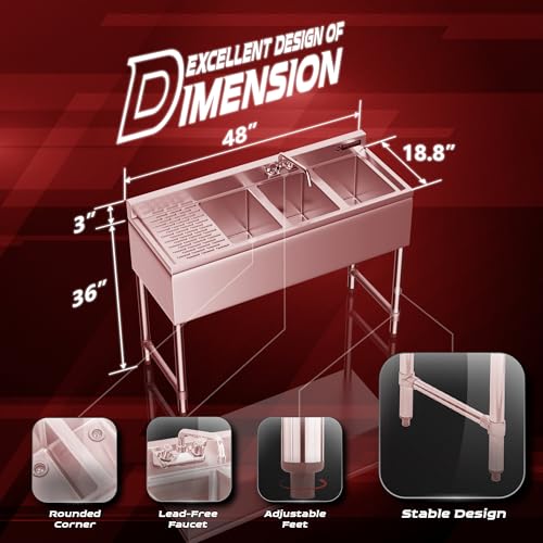DuraSteel 3 Compartment Under Bar Sink - CEC & NSF 304 Stainless Steel 3 Bay Utility Sink with No Lead Faucet - 60