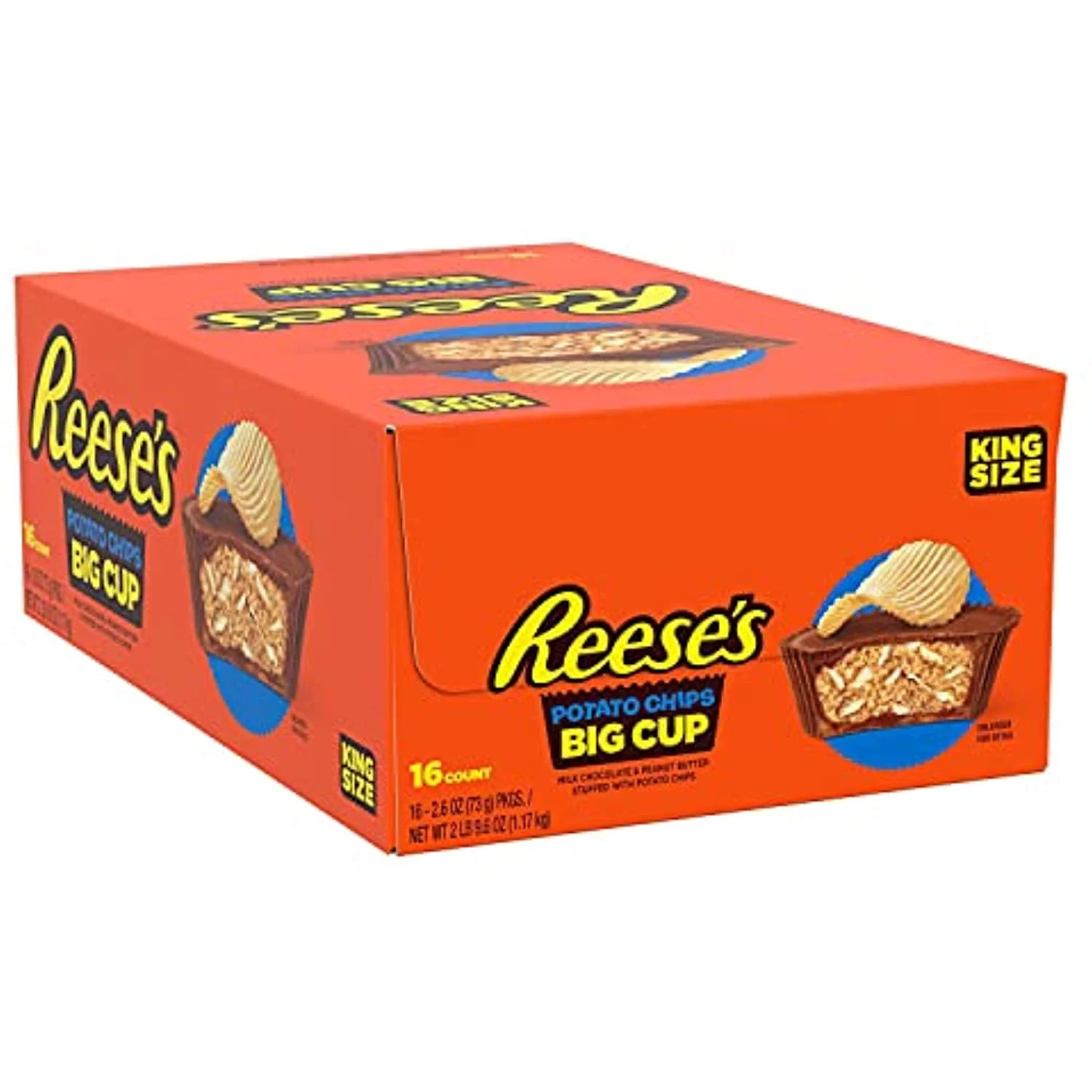 Reeses Big Cup Milk Chocolate Peanut Butter With Potato Chips King Size Cups Candy, Bulk Gluten Free, 2.6 Oz Packs (16 Count)