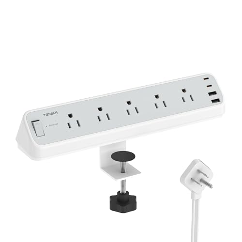 Desk Clamp Power Strip 10 Ft, TESSAN 2100J Surge Protector Desk Charging Station, 5 Outlets with 4 USB Ports (2 USB C), Flat Plug Extension Cord with Multiple Outlets for Home Office Dorm Room