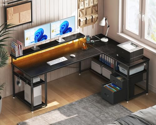 ODK L Shaped Gaming Desk with File Drawers, Reversible Computer Desk with Power Outlets & LED Lights, Home Office Desk with Storage Shelves, 61 Inch Bedroom Corner Desk with Monitor Stand, Grey