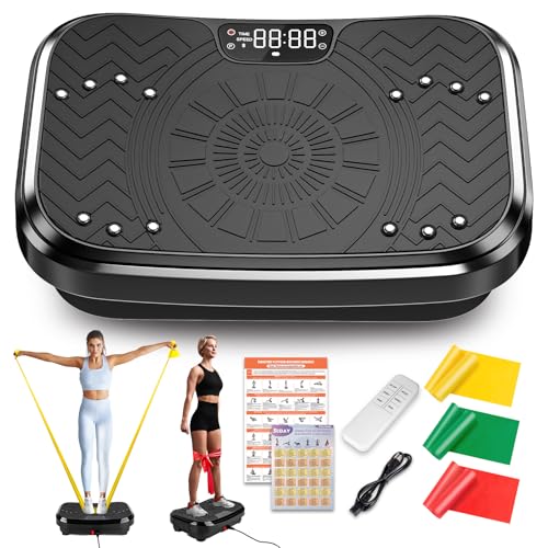 Vibration Plate Exercise Machine, Vibration Plate for Lymphatic Drainage with Training Poster, Training Plan & 3 Resistance Bands, Adjustable Speeds Vibrate Stand Shake Board for Weights Loss(400 Lbs)
