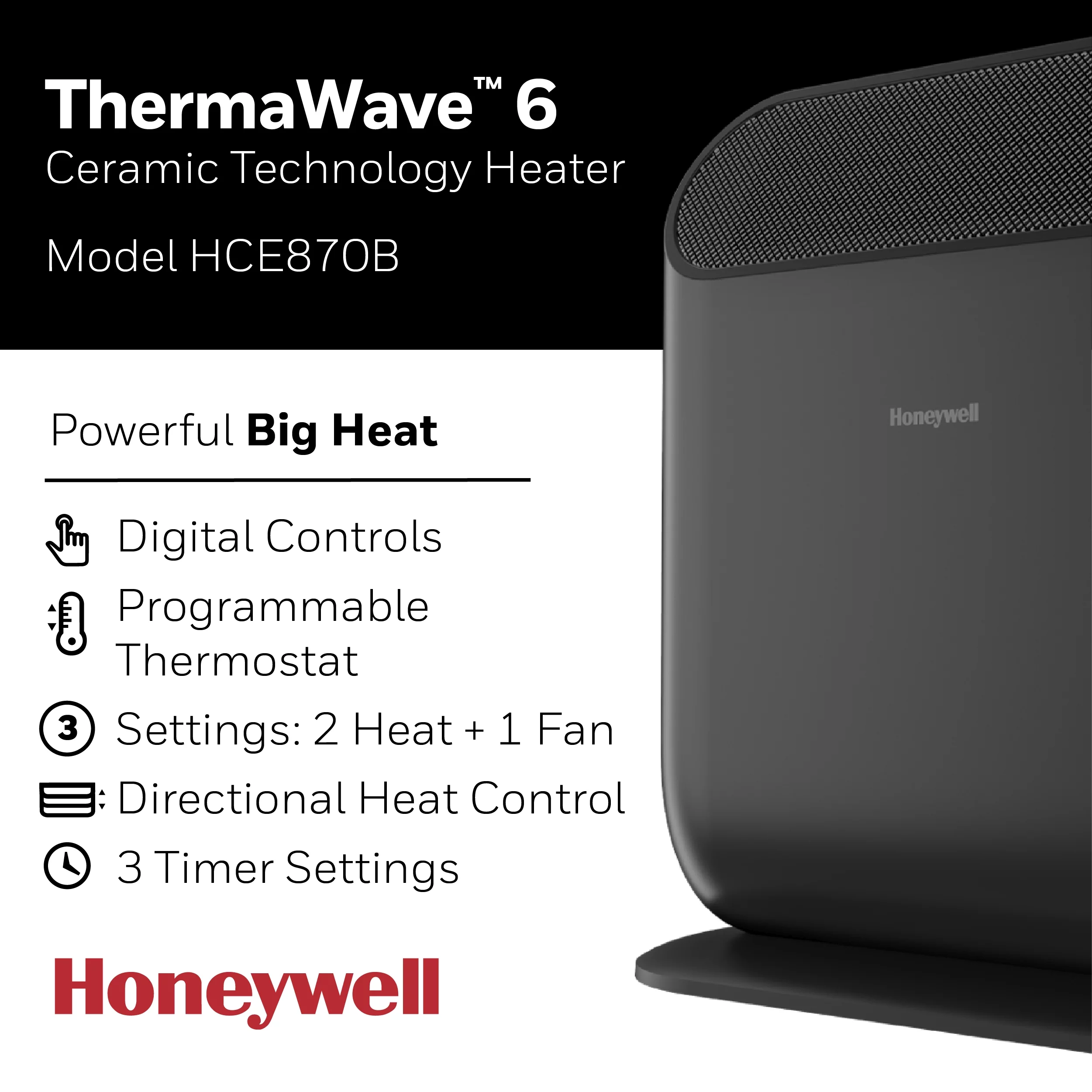 Honeywell Therma Wave 6 Ceramic Personal Heater, New, Black HCE870B