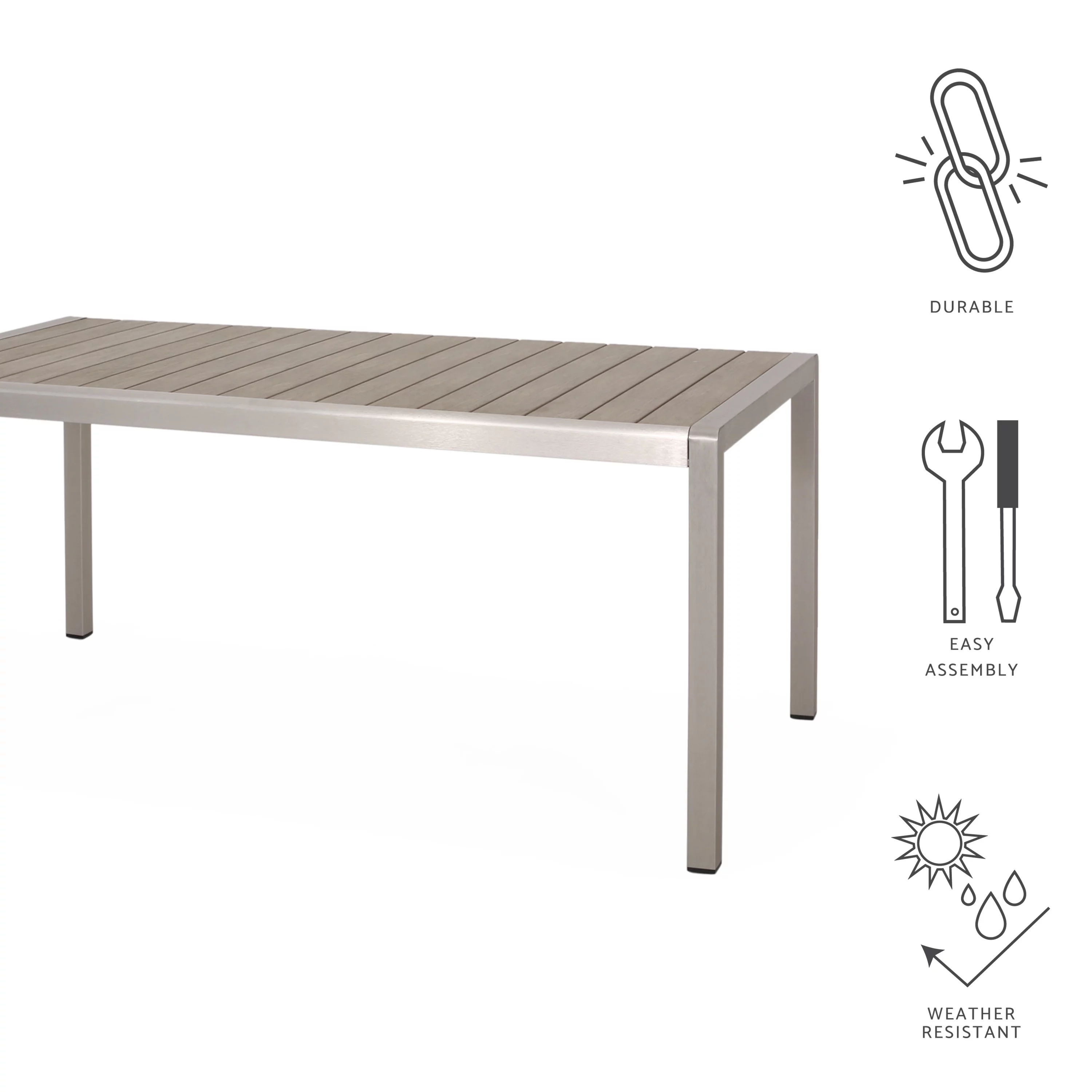 GDF Studio Crested Bay Outdoor Aluminum Dining Table with Faux Wood Top, Silver and Natural