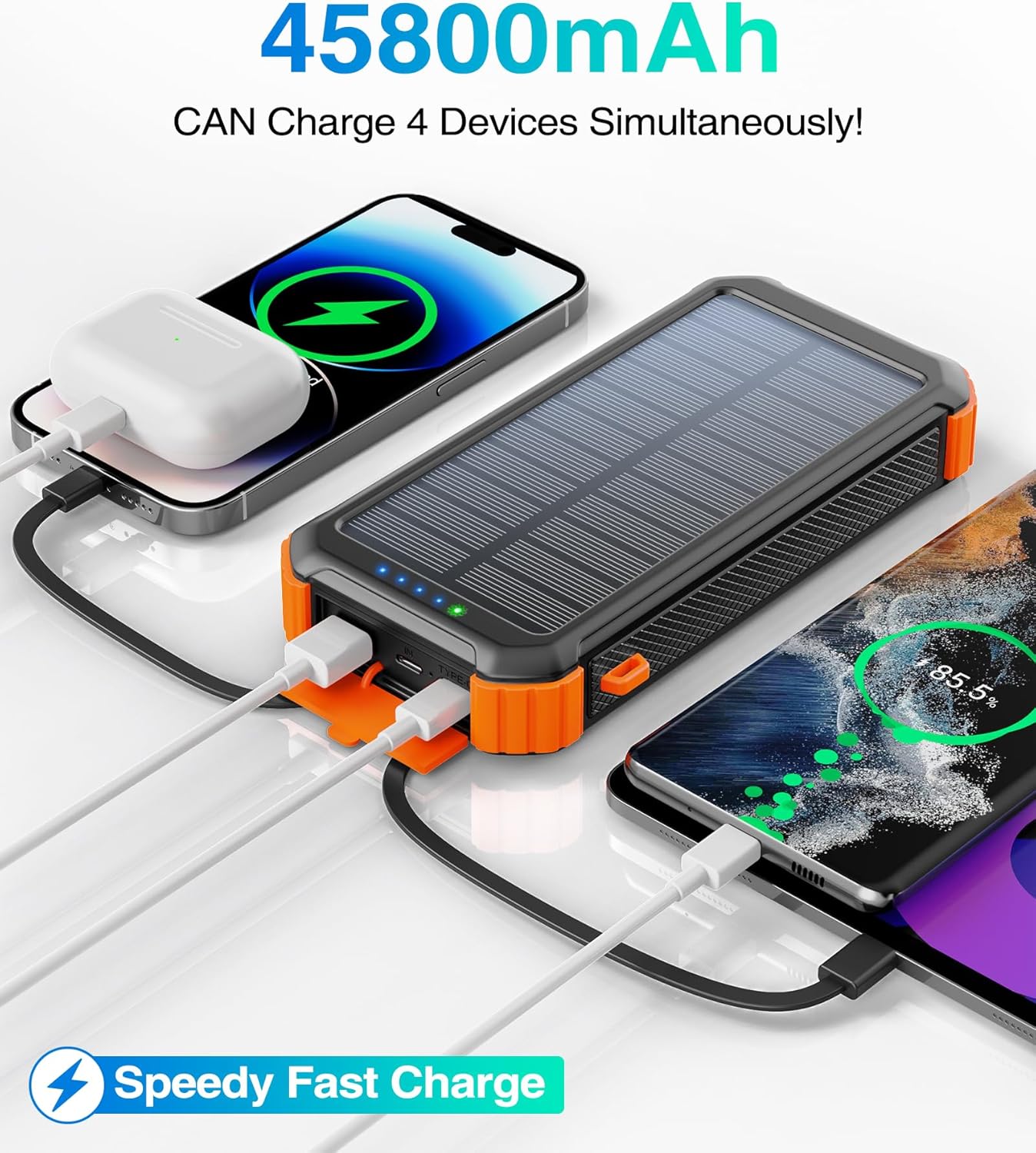 Solar Charger Power Bank, 45800mAh Portable Phone Charger with USB C in/output, 5V3.1A QC 3.0 Fast Charging for Cellphone, External Battery Pack Compatible with iPhone Samsung Google etc