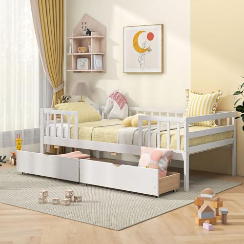 Giantex Twin Kids Bed with Storage Drawers, Wood Montessori Bed with Rails & Side Shelf, Low Daybed for Boys, Girls, No Box Spring Needed (White)