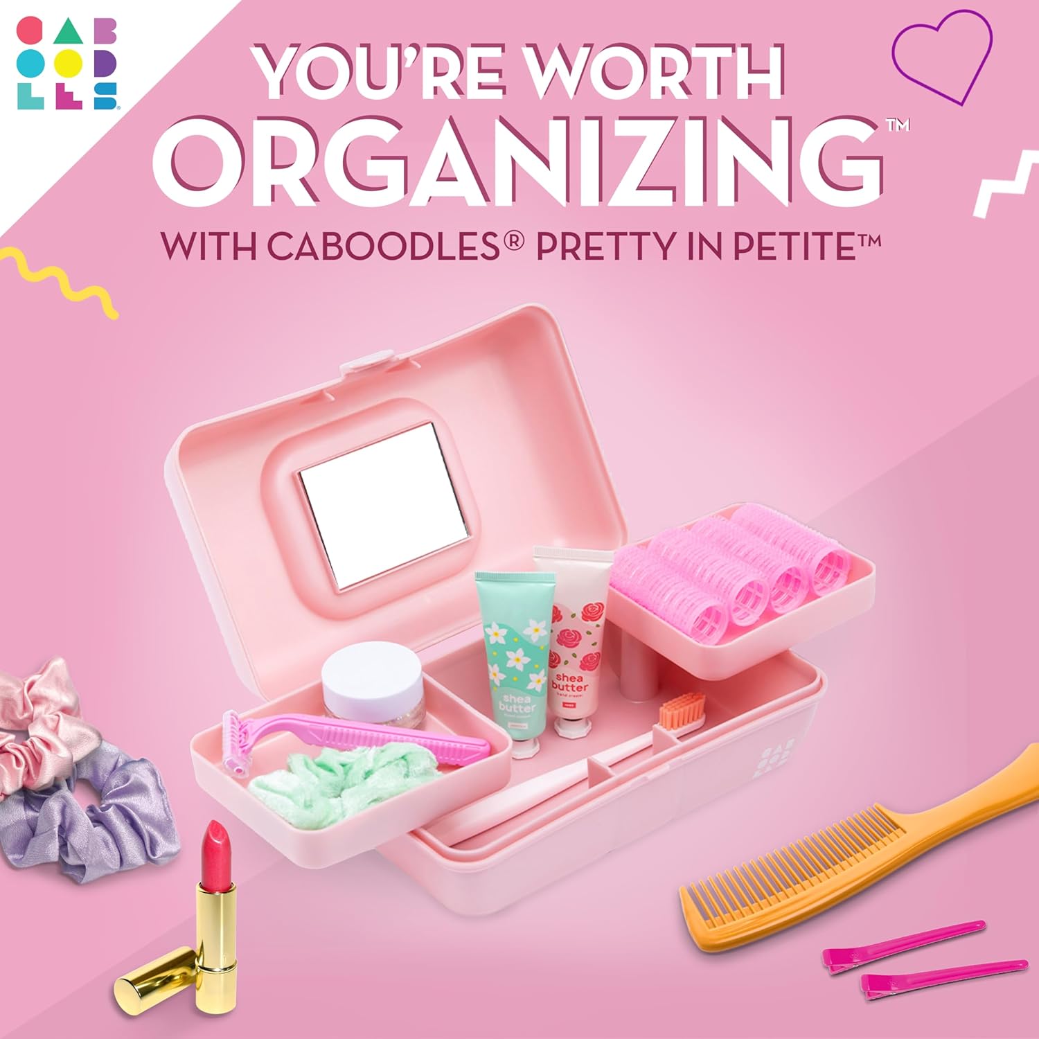 Caboodles Pretty in Petite Makeup Box, Pink Sparkle, Hard Plastic Organizer Box, 2 Swivel Trays, Fashion Mirror, Secure Latch for Safe Travel