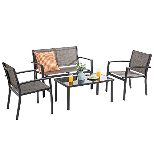 Vongrasig 4 Pieces Patio Furniture Sets,Outdoor Patio Conversation Sets with Glass Coffee Table, Small Porch Balcony Furniture, Patio Table and Chairs Set for Garden, Backyard (Black)