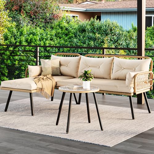 YITAHOME Patio Furniture Set Outdoor Loveseat, Wicker Conversation Set with Thick Cushions & Detachable Lounger, Rattan Sectional Set with Side Table for Backyard, Porch, Deck, Patio, Beige