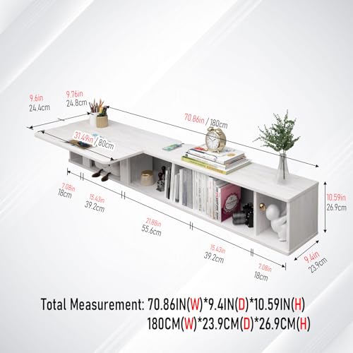 Pmnianhua 70'' Floating Desk with Storage Shelves,Wall Mounted Desk Laptop Computer Writing Study Table for Bedroom Small Space(Dark Grey)