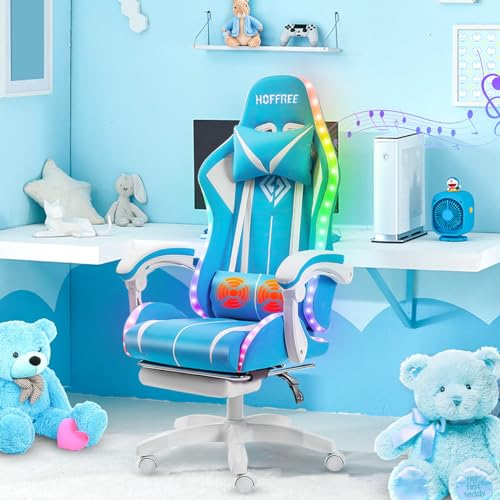 HOFFREE RGB Gaming Chair with Speakers Massage Computer Gaming Chair with LED Lights and Footrest High Back Video Game Chair for Adults Blue and Black