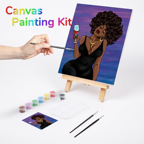 VOCHIC Paint and Sip kit, Pre Drawn Canvas Painting Kit for Adults Kids Painting Twist Party Supplies to Paint Chic Girl Art Set for Beginner Gift Favor, 8 Acrylic Colors, 3 Brush,1 Pallet(12x16)