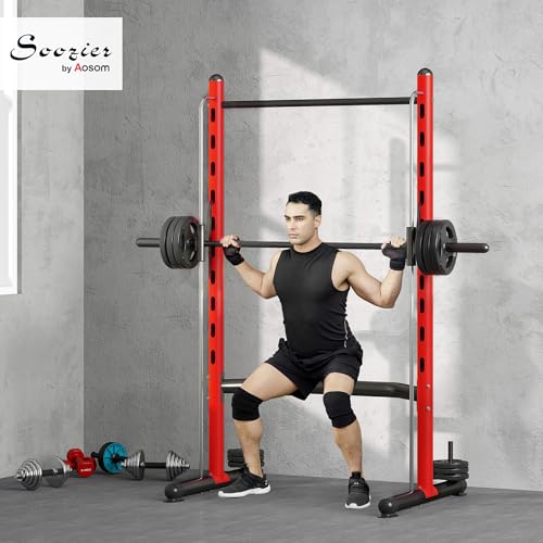 Soozier Squat Rack with Pull-Up Bar, Adjustable Power Rack with Barbell Bar, Multi-Functional Bench Press Rack for Home Gym Strength Training
