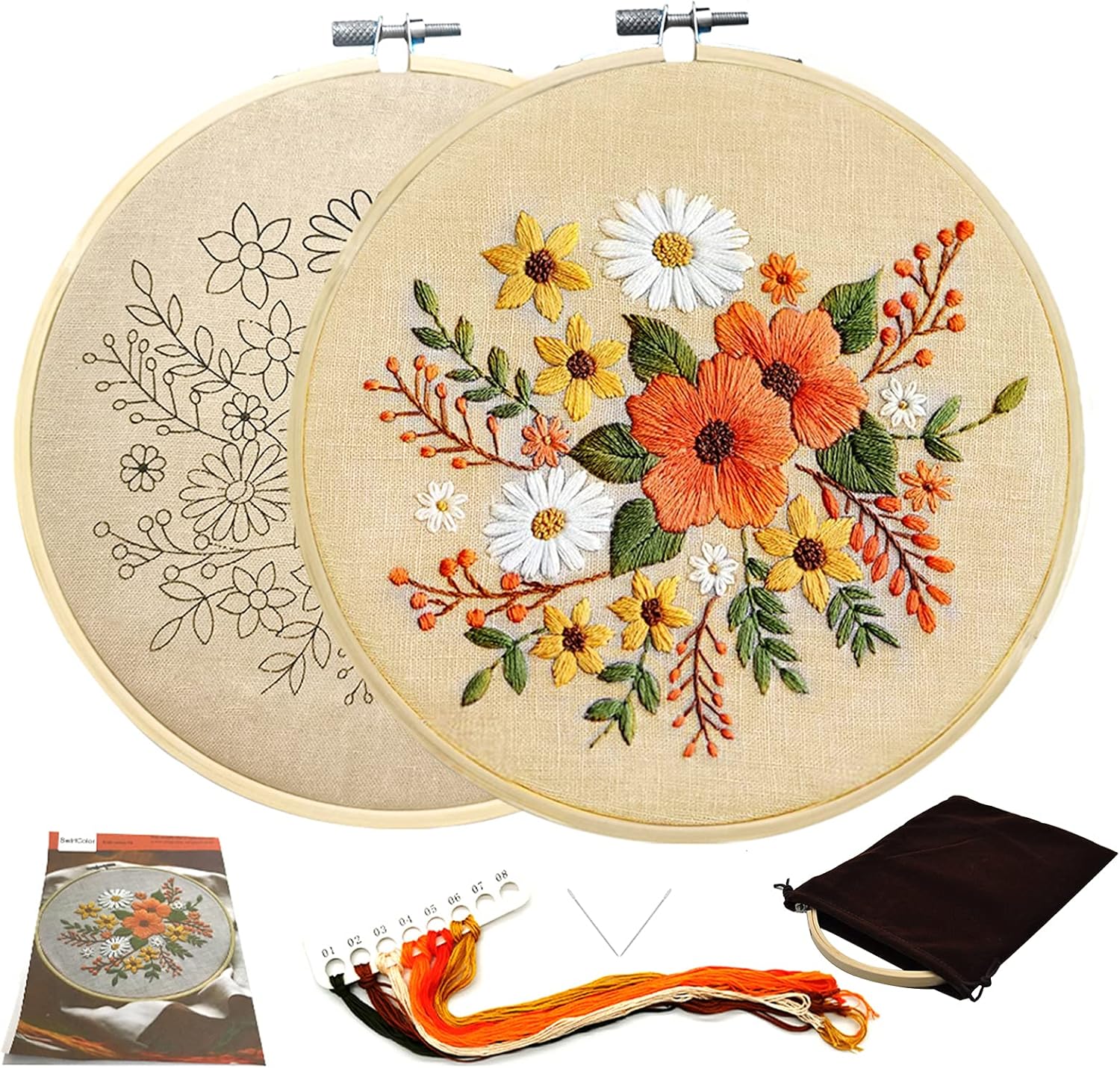 Embroidery Starter Kit for Adults Floral Leaf Linen DIY Embroidery with Pattern, Instruction Book, Thread, Needle, 1 Hoop