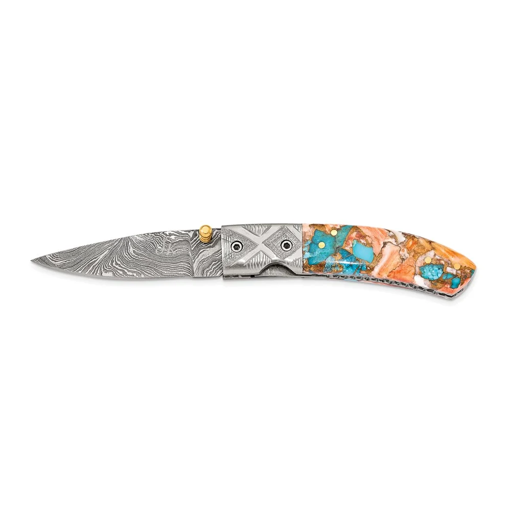 Luxury Giftware Damascus Steel 256 Layer Spiny Oyster and Turquoise Handle Folding Blade Knife with Leather Sheath and Wooden Gift Box QKN3244
