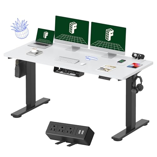 FLEXISPOT EN2 Whole-Piece Standing Desk with Clamp Power Strip, 55 x 28” Electric Stand Up Height Adjustable Desk with Cable Management (Black Frame + 55