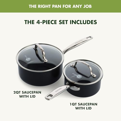 GreenPan Chatham Black Prime Midnight Hard Anodized Healthy Ceramic Nonstick, 3QT Saucepan Pot with Lid, PFAS-Free, Dishwasher Safe, Oven Safe, Black