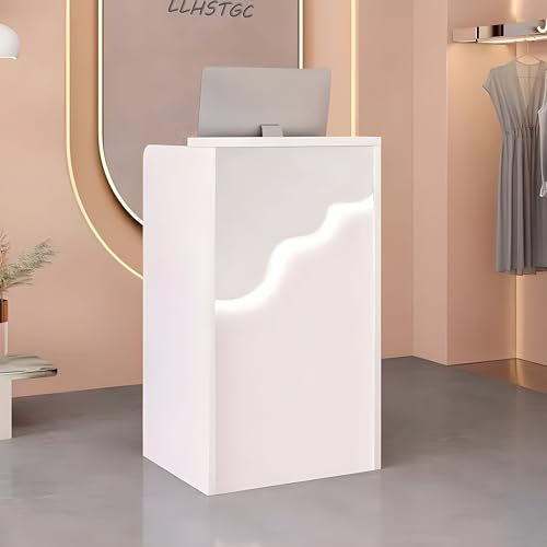 Small Reception Desk,Reception Desk with Counterand LED Lights,Checkout Counter with Drawers, Standing Front Receptionist Desk, Reception Counter for Supermarket Convenience Store Hotel (White, 60cm)
