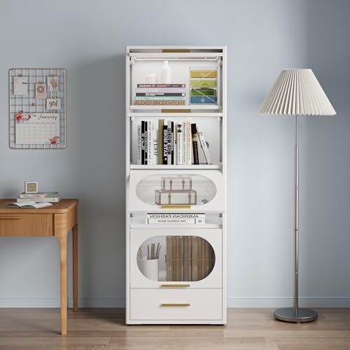 Metal Kitchen Storage Cabinet with Doors, Freestanding Oven Rack with Storage, Easy to Install Metal Cabinet with Clear Flap Doors for Kitchen, Dining Room (White, 50.2