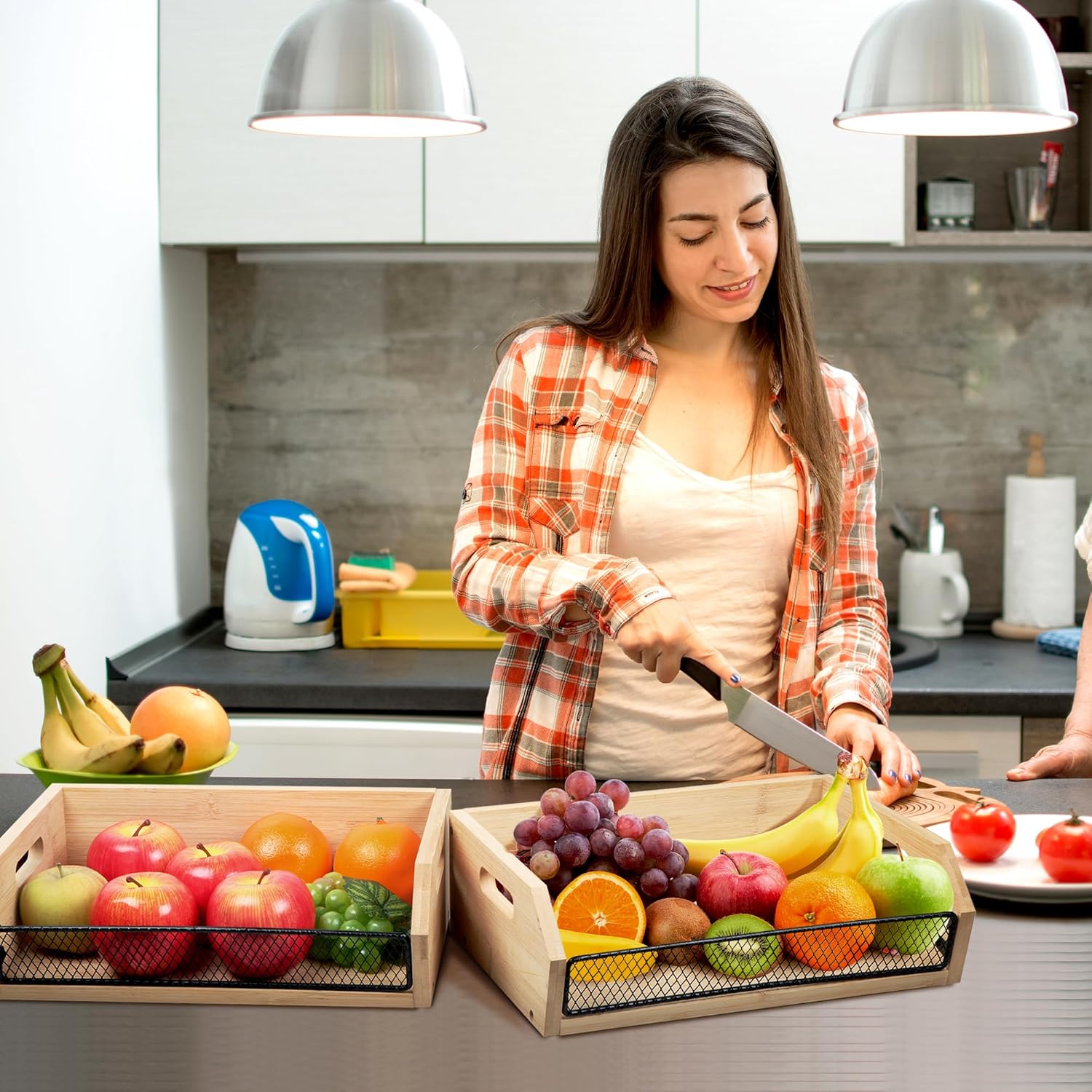 Potato and Onion Storage Bin, Stackable Onion Potato Storage Basket with Handle, Onion Basket for Pantry, Bamboo Storage Bin for Produce, Fruit, Bread, Vegetable, Garlic, 2 Pack