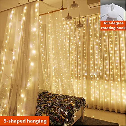 ZSJWL 2 Pack Curtain Lights, 300 LED Curtain Fairy Lights with Remote, 8 Modes 9.8 × 9.8 Ft Curtain String Lights, USB Plug in Copper Wire Lights for Bedroom Window Chrismas Wedding Party, Warm White