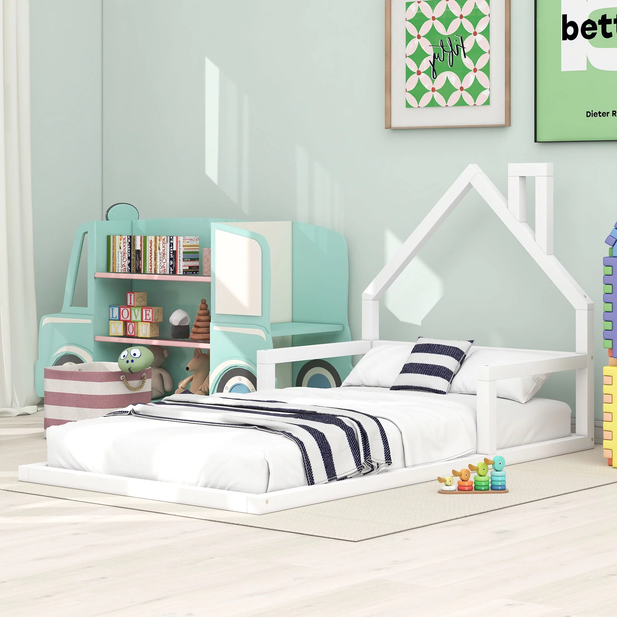 Bellemave Twin Size Wood Floor Bed with House-shaped Headboard,Twin Bed Frame for Kids,Montessori Floor Bed with Rails for Girls Boys (Twin,White)