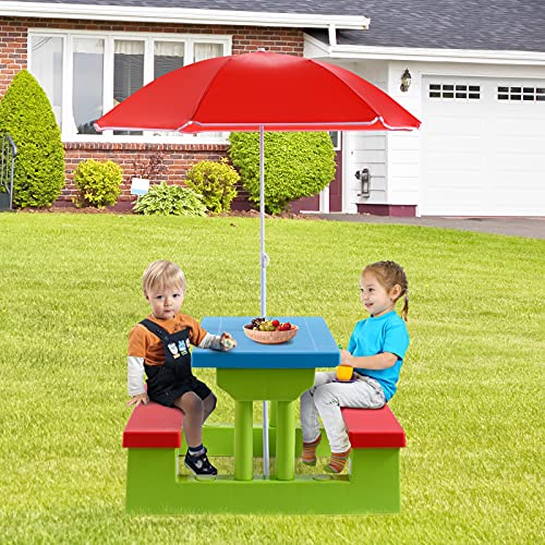 GLACER Kids Picnic Table, Portable Kids Outdoor Furniture w/Removable & Adjustable Umbrella, Plastic Bench Set, Gift for Boys Girls 3+, Toddler Picnic Table for Patio, Backyard (Colorful)