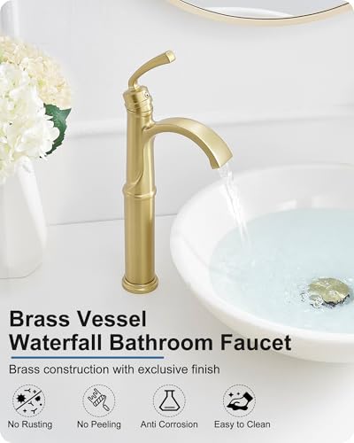 Vessel Sink Faucet, Oil Rubbed Bronze Waterfall Bathroom Sink Faucets, Brass Tall Bathroom Faucet Vanity Faucet 1 Hole Restroom Faucet Single Handle with Pop-up Drain Supply Hose