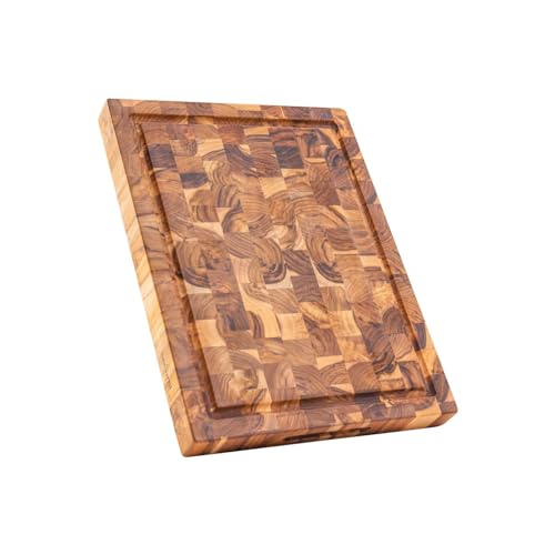 Large End Grain Butcher Block Cutting Board, Thick Teak Wood Cutting Board, Big Reversible Wooden Chopping Serving Board with Juice Groove, 16 x 12 x 1.5 inch