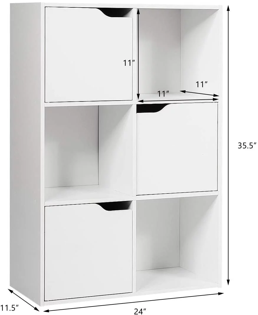 6-Cube Storage Organizer, Storage Cabinet with 3 Open Cubes and 3 Cabinets, Free Standing Wooden Cubby Bookcase, Compartment Units for Home Office, 3-Tier Bookshelf for Books, Toys (White)