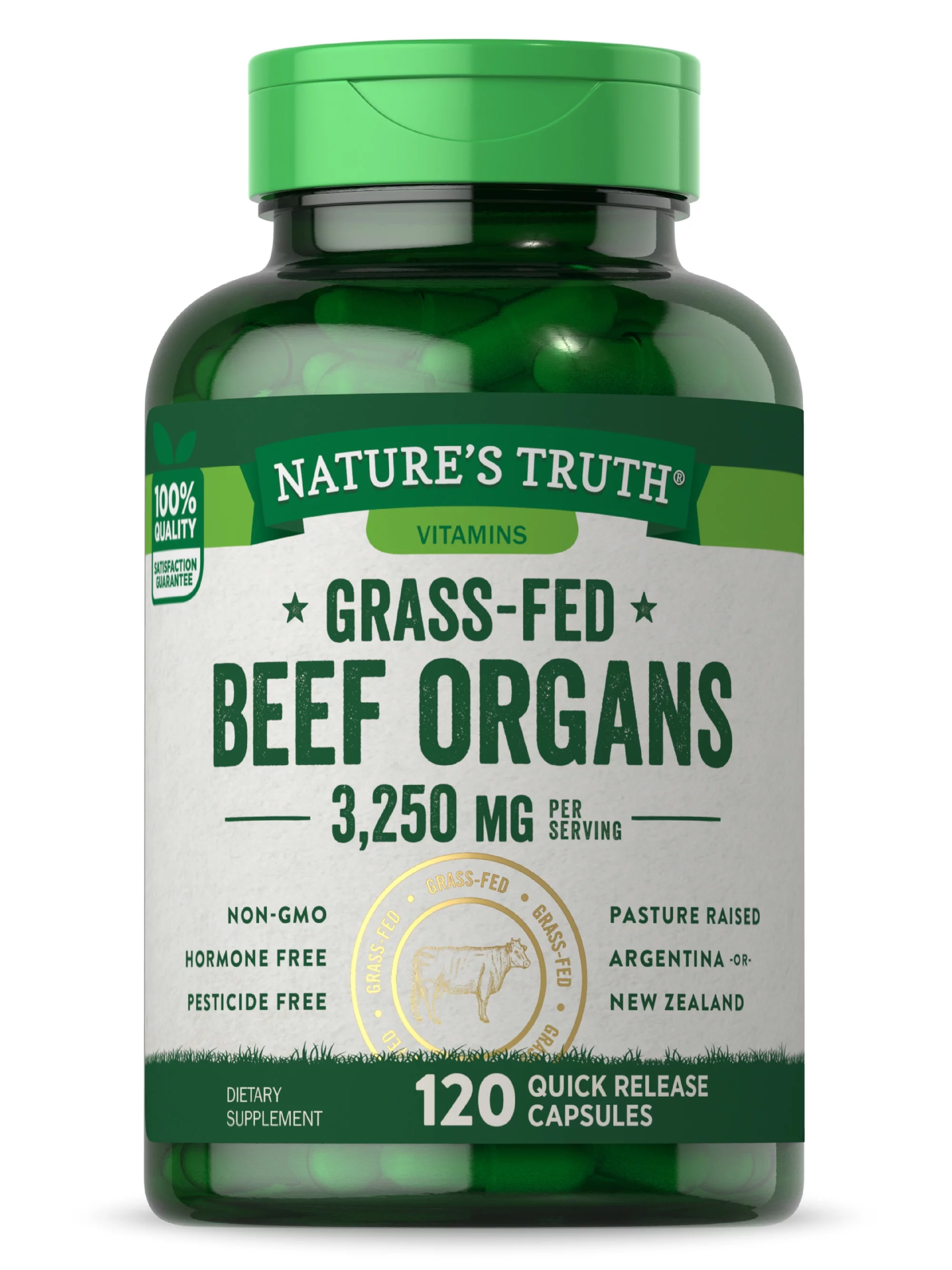 Grass Fed Beef Organs Capsules | 120 Count | 3250mg Complex of Liver, Heart, Kidney, Pancreas, Spleen | Non-GMO & Gluten Free Supplement | by Nature's Truth