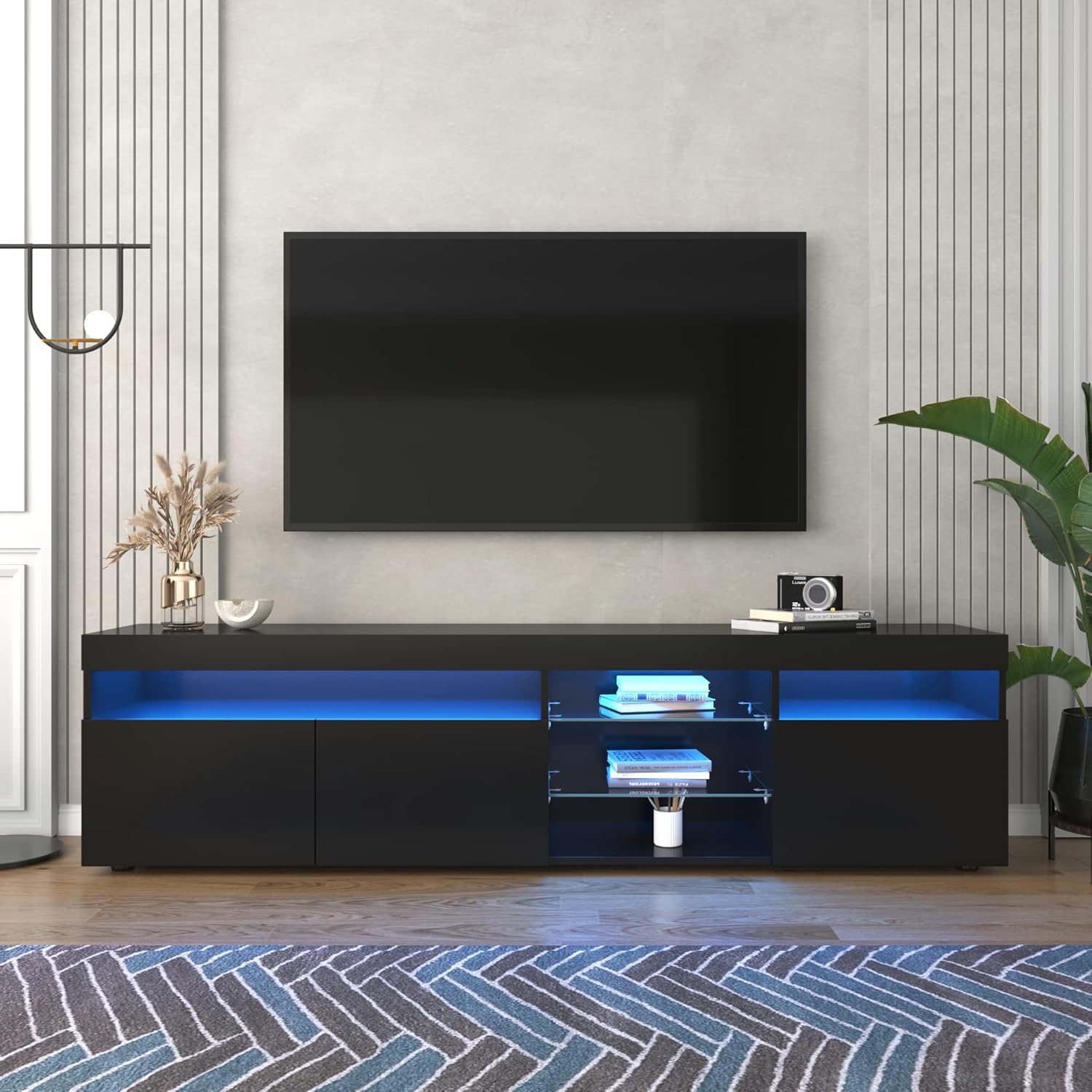 Modern Design TV Stands for TVs up to 80'', LED Light Entertainment Center, Media Console with Multi-Functional Storage, TV cabinet for Living room,Bedroom, Home Theatre (Black)