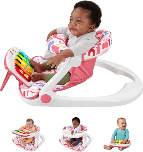 Fisher-Price Portable Baby Chair, Pink Kick & Play Deluxe Sit-Me-Up Seat with Piano Learning Toy & Snack Tray for Infants to Toddlers