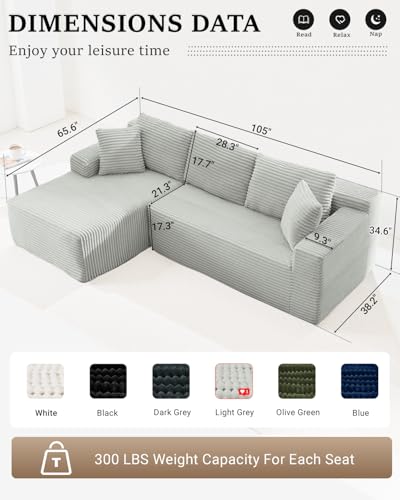 105 Inch Cloud Sectional Couch,Modern Modular Sectional Sofa with Deep Seat,Corduroy Boneless Couches with L-Shape Chaise for Living Room Bedroom,No Assembly Required (Black, Left Facing Chaise)