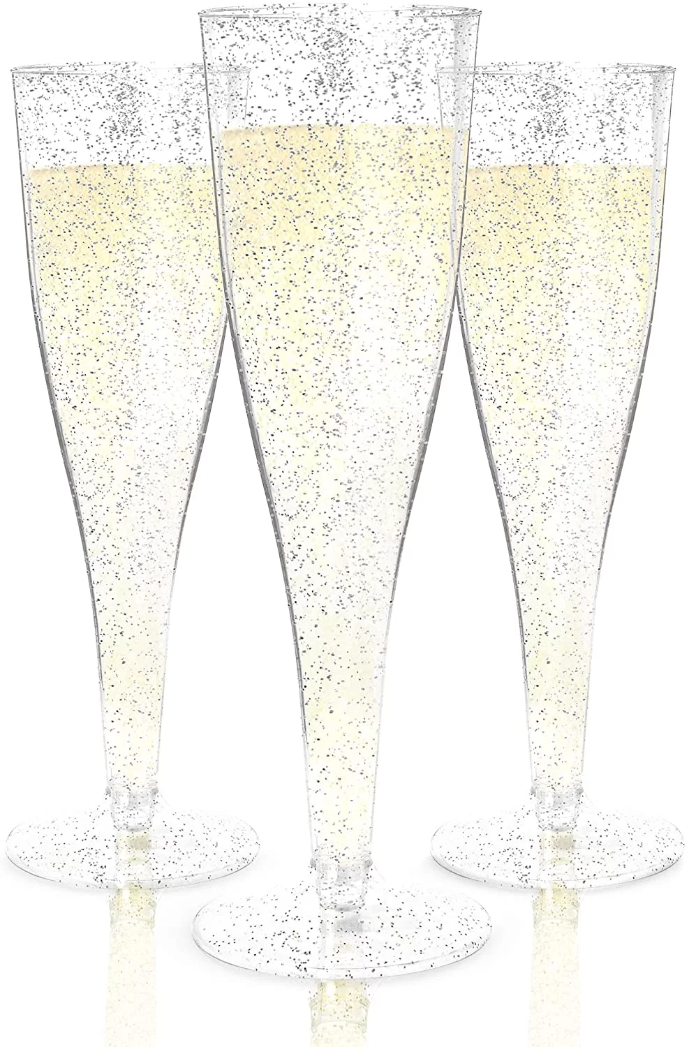 Prestee Plastic Champagne Flutes Disposable - 100 Pack | Silver Glitter Plastic Champagne Glasses | Glitter Clear Plastic Cups | Mimosa Glasses | Wedding Party Bulk Pack