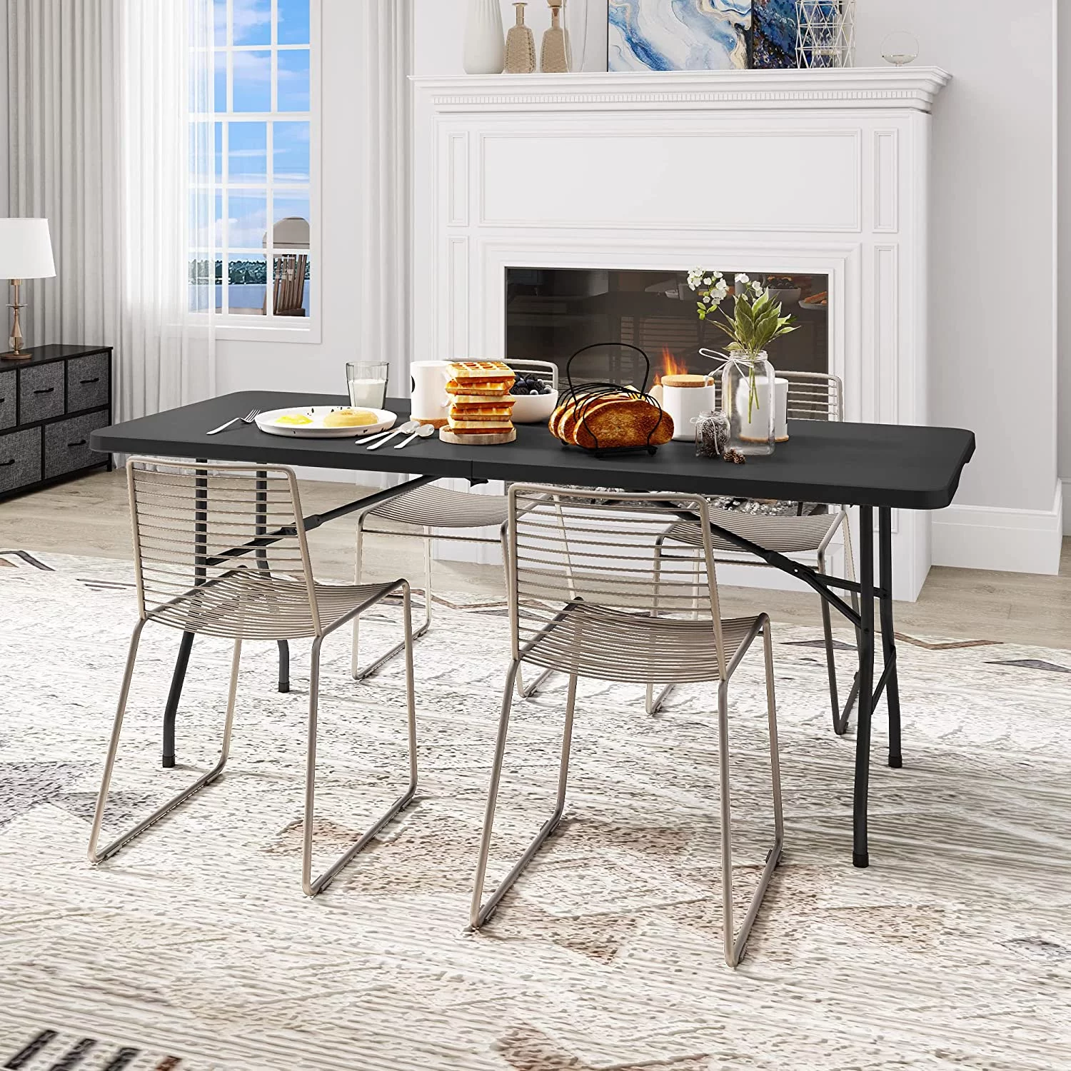 Dextrus 6ft Heavy-Duty Outdoor Folding Table with Carrying Handle, Ideal for Camping, Picnics, Parties, and Indoor Use, Black