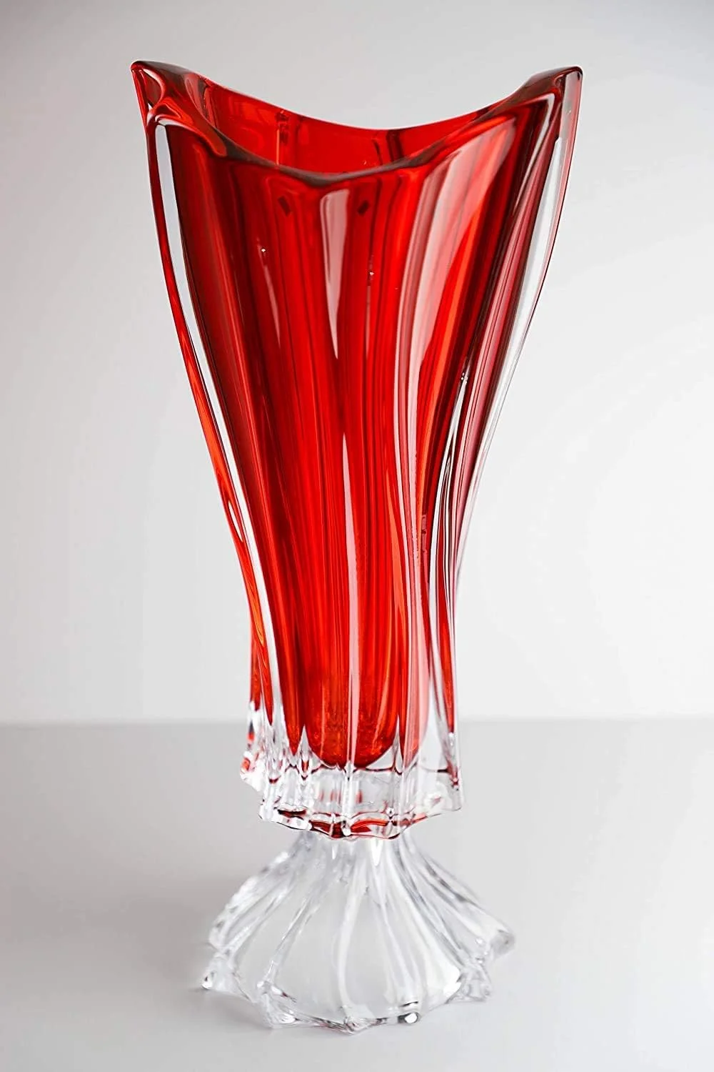 Bohemian Crystal Glass Footed Vase 16''-Height Red ''Plantica'' Vintage European Design Centerpiece Flower Vase Home Decor Wedding Birthday Housewarming