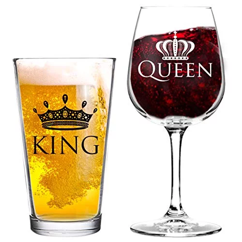 King and Queen Beer and Wine Glass Gift Set of 2 | Fun Novelty His and Hers or Husband Wife Drinkware | Couple, Newlywed, Anniversary Gift | Wedding Present or Favorite Couples Gift | USA Made