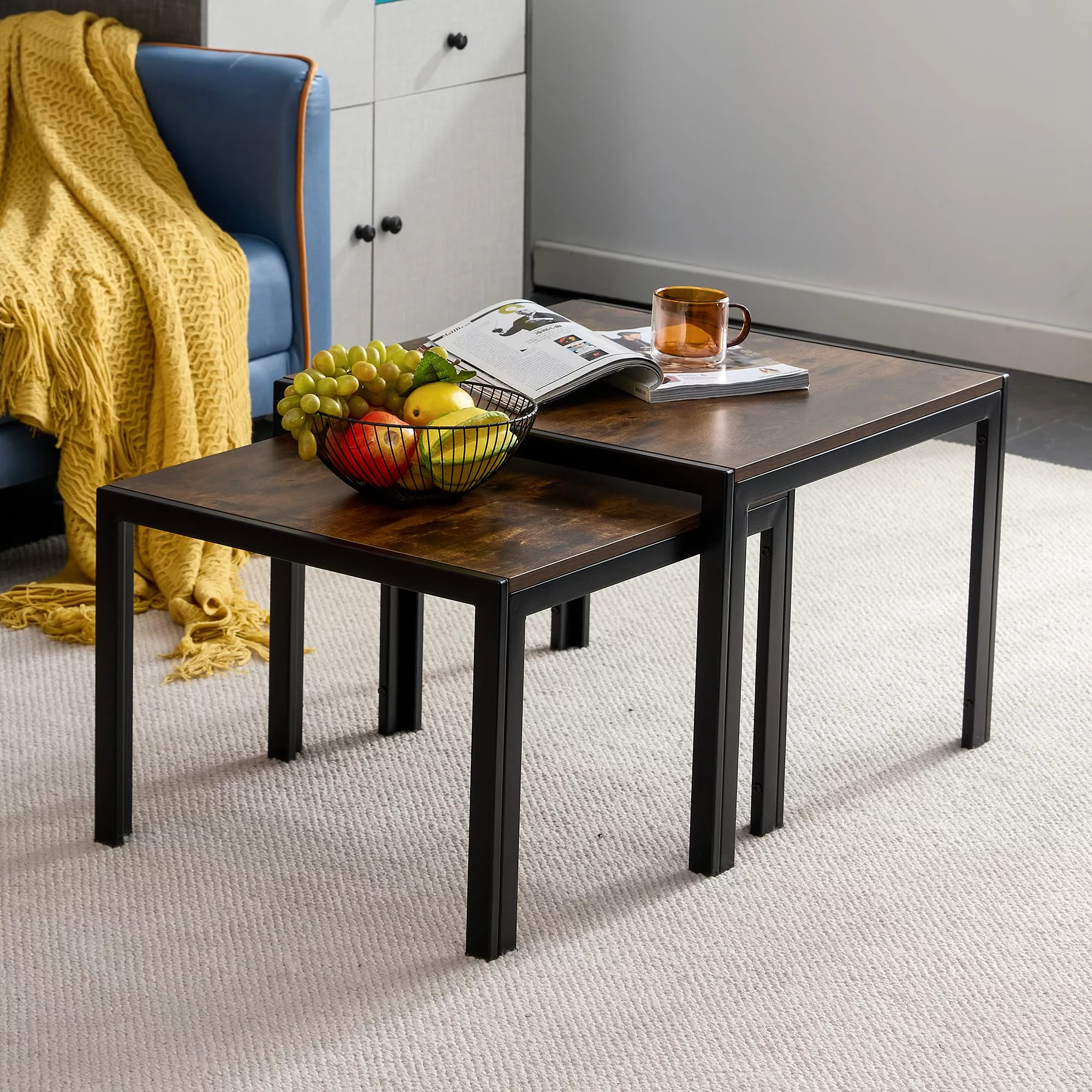 Square Nesting Coffee Table Set of 2, Small Nesting Tables for Living Room with Wood Finish, Modern Stacking Tables with Solid Metal Frame, Rustic Brown