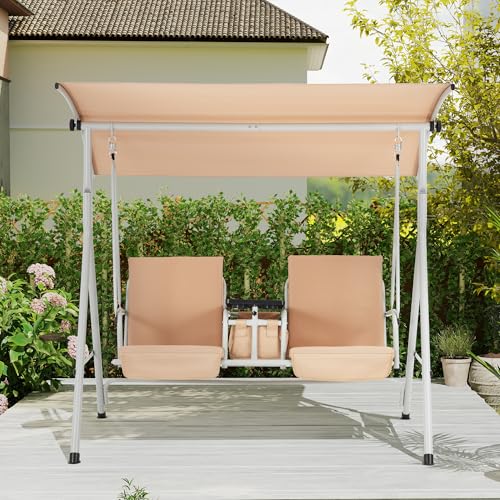 HOMREST 2 Seat Outdoor Porch Swing,Patio Swing with Adjustable Canopy,Heavy Duty 650 LBS Outdoor Swing with Pivot Storage Table & 2 Cup Holders & Cushions for Yard, Lawn, Backyard, (Beige)