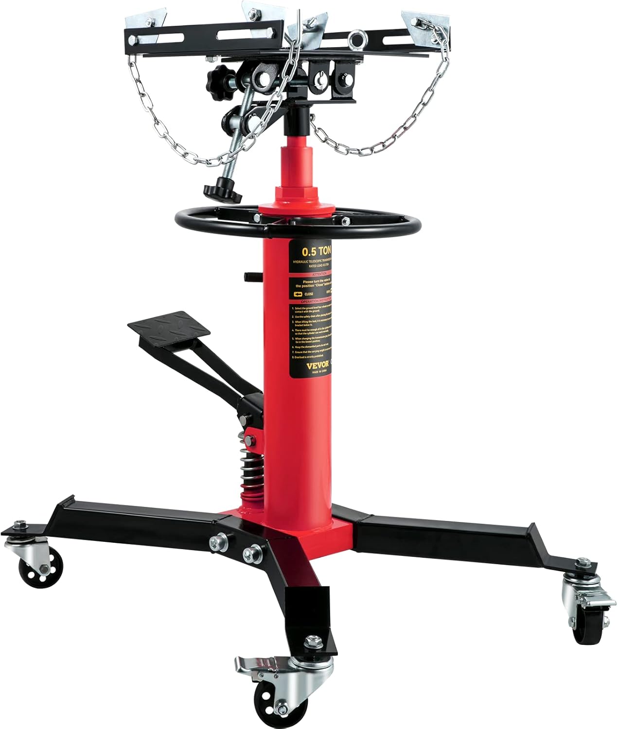 VEVOR Transmission Jack,1/2Ton/1100lbs Capacity Hydraulic Telescopic Transmission Jack, 2-Stage Floor Jack Stand with Foot Pedal, 360° Swivel Wheel, Garage/Shop Lift Hoist, Red